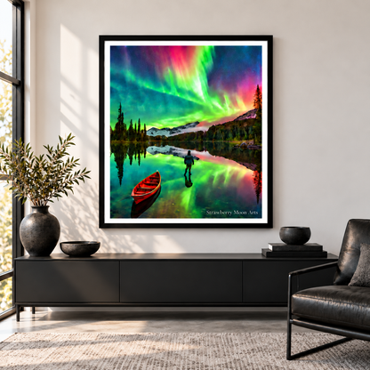 Aurora Borealis by Doug Hauser above modern black furniture