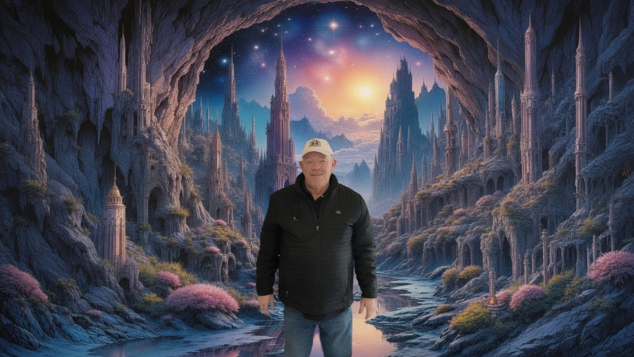 A man wearing a black jacket, blue jeans, and a white cap stands in the center of a surreal fantasy landscape backdrop featuring a glowing cave opening onto a fantastical mountain range under a starry sky.
