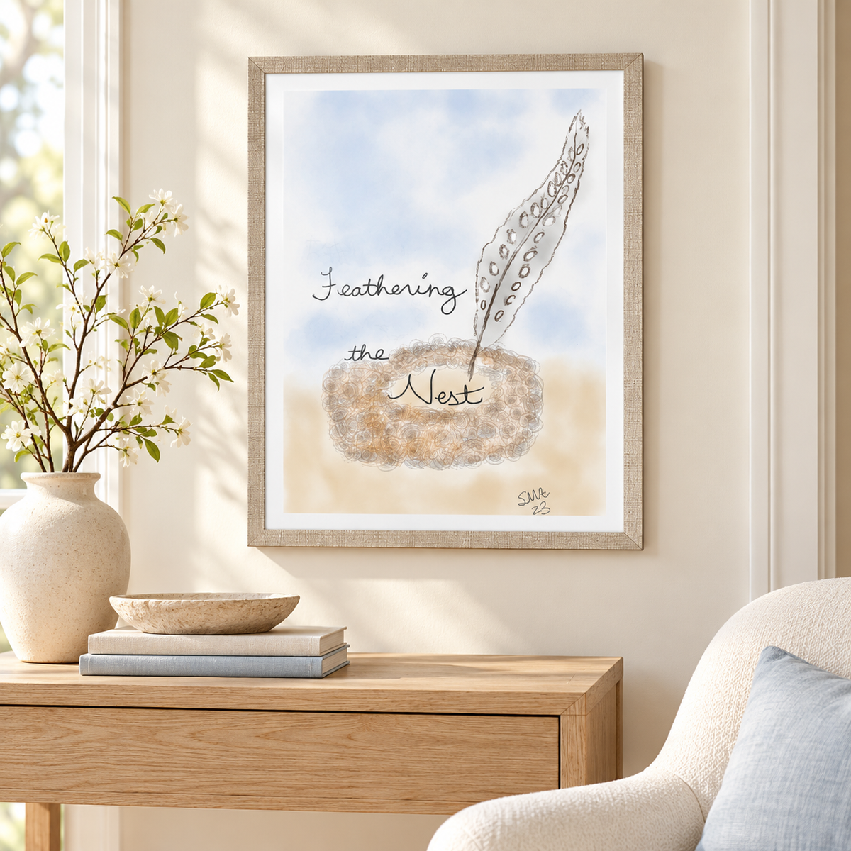 Feathering the Nest by Stephanie Anderson displayed above a console