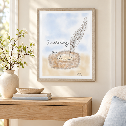 Feathering the Nest by Stephanie Anderson displayed above a console
