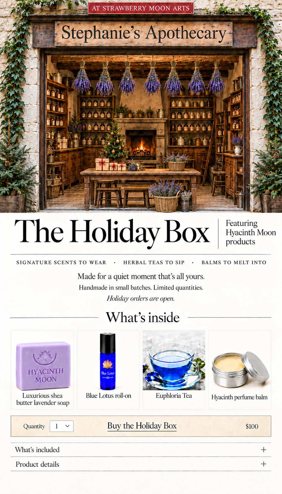 Corrected Stephanie’s Apothecary holiday design with clear Blue Lotus label